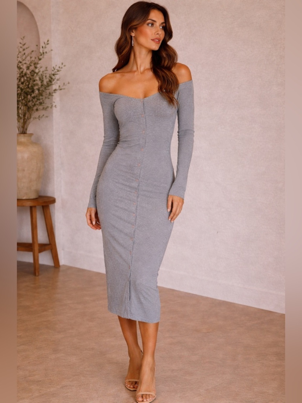 Heather Gray Ribbed Off Shoulder Bodycon Midi Dress